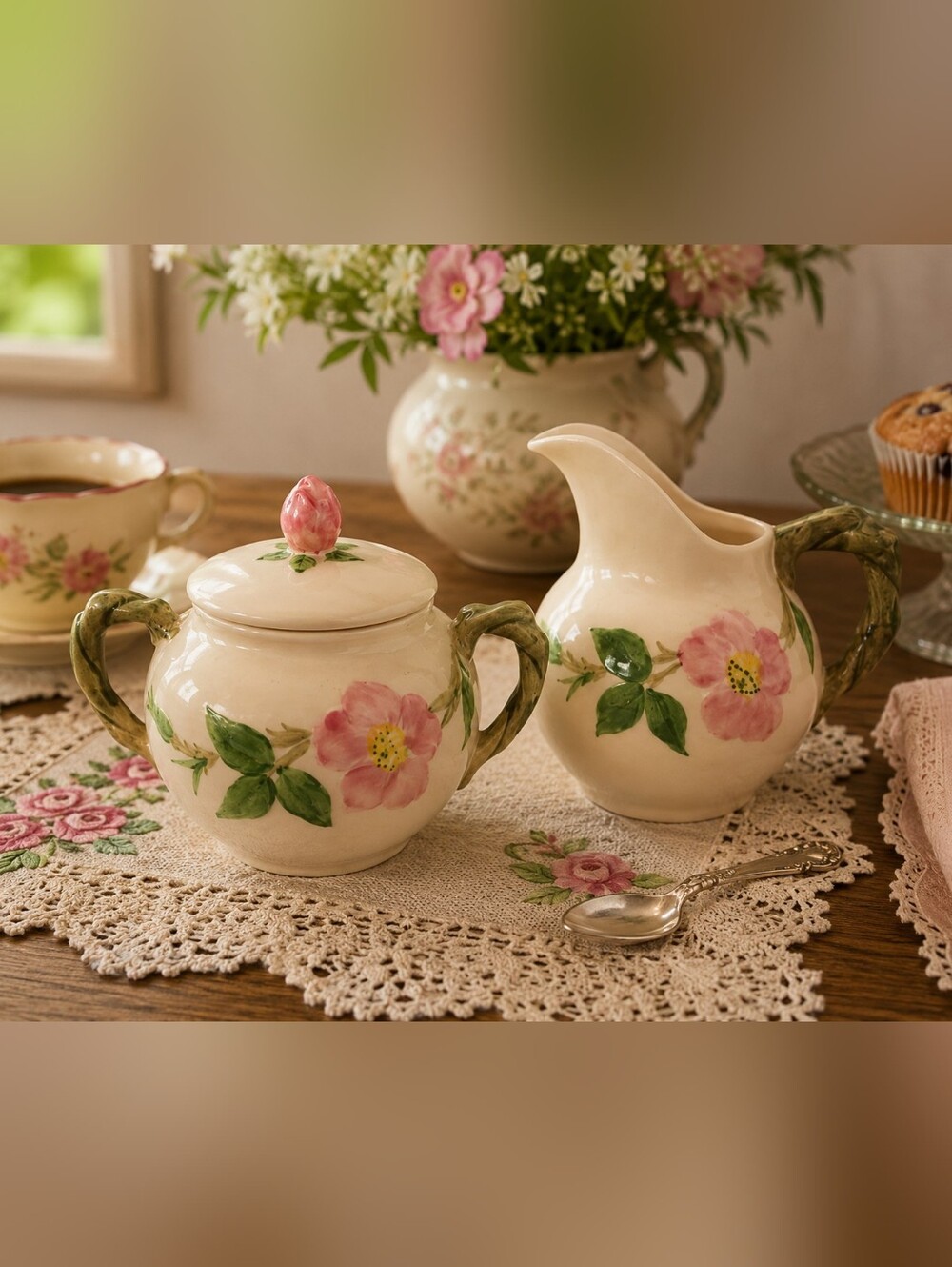 Vintage Franciscan Desert Rose Sugar Bowl & Creamer Set | USA California Pottery